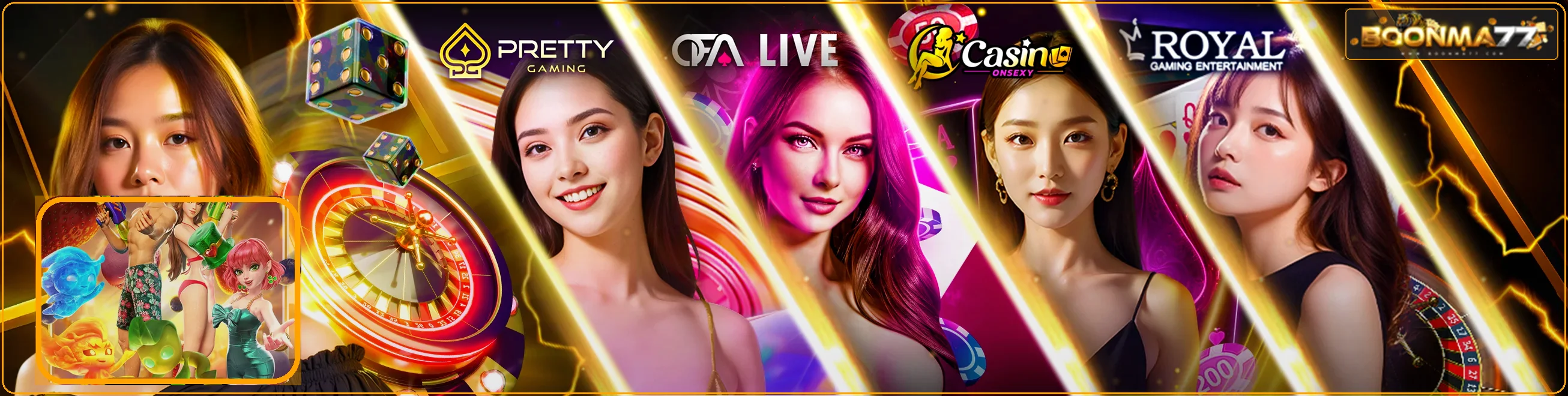 แบนเนอร์ค่ายเกมคาสิโน BOONMA77 พร้อมกลุ่มตัวละคร PG Soft